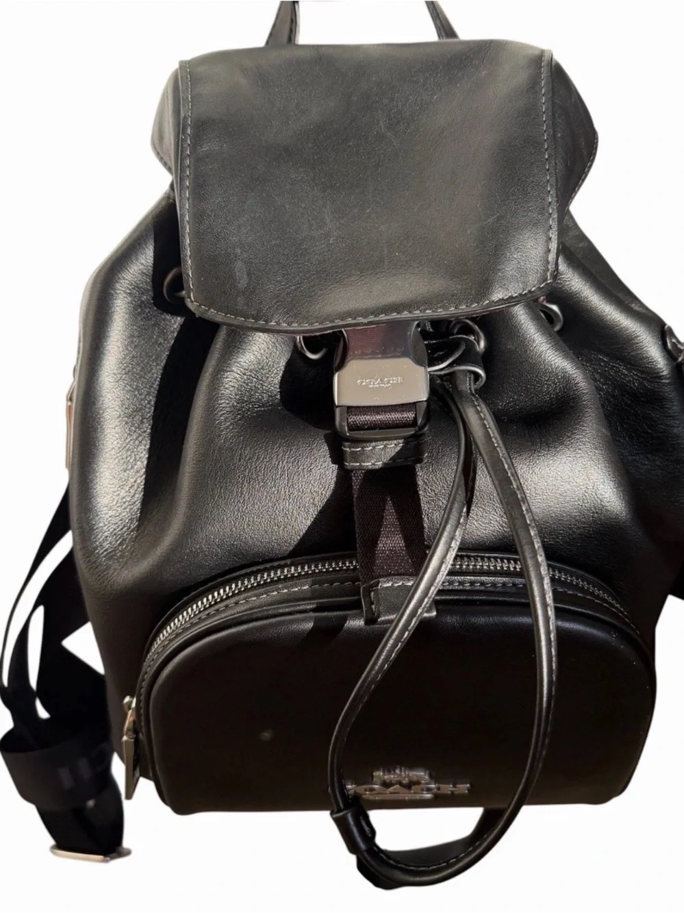 Coach Black Leather Drawstring Backpack with Front Zip Compartment
